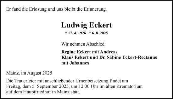 Traueranzeige von Ludwig Eckert von Allgemeine Zeitung Mainz