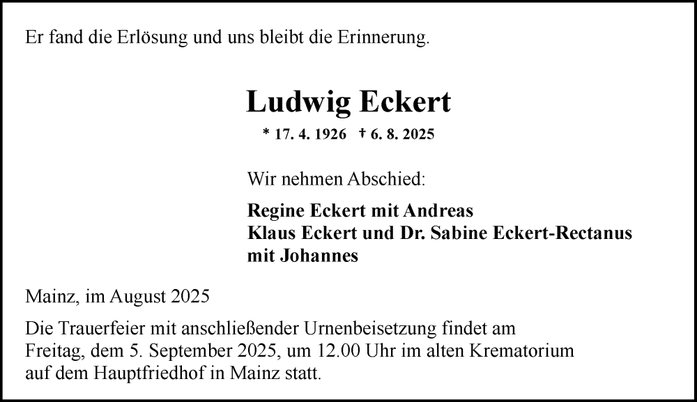  Traueranzeige für Ludwig Eckert vom 23.08.2025 aus Allgemeine Zeitung Mainz