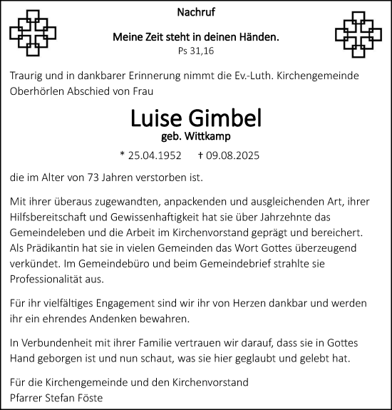 Traueranzeige von Luise Gimbel von Hinterländer Anzeiger