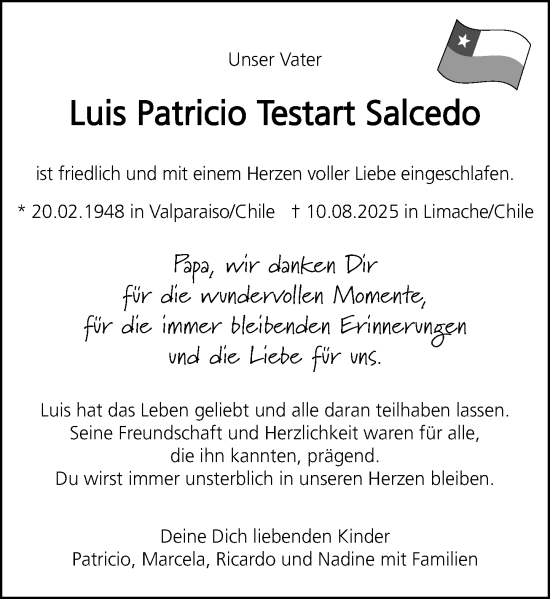 Traueranzeige von Luis Patricio Testart Salcedo von Wiesbadener Kurier