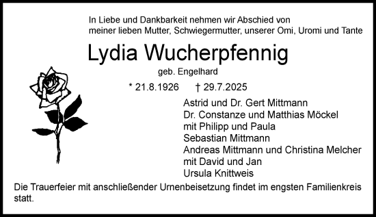 Traueranzeige von Lydia Wucherpfennig von Darmstädter Echo