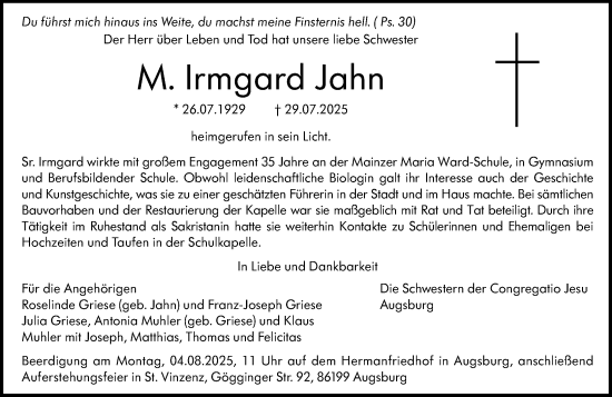 Traueranzeige von M. Irmgard Jahn von Allgemeine Zeitung Mainz