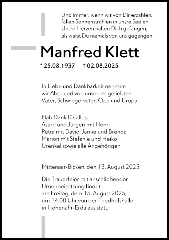 Traueranzeige von Manfred Klett von Wetzlarer Neue Zeitung