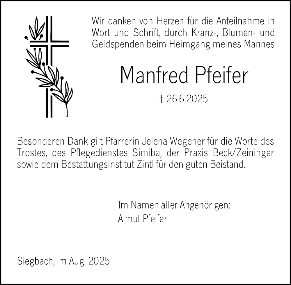  Traueranzeige für Manfred Pfeifer vom 02.08.2025 aus Dill Block