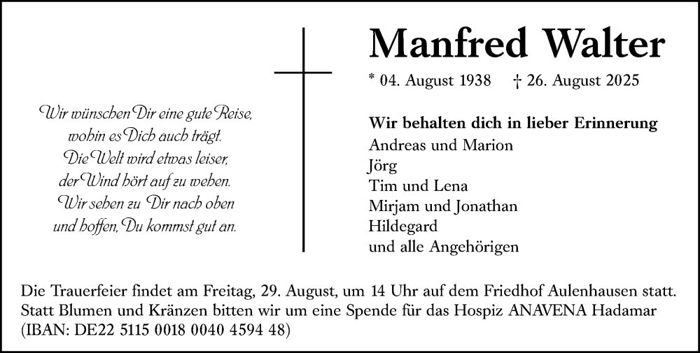  Traueranzeige für Manfred Walter vom 28.08.2025 aus Weilburger Tageblatt