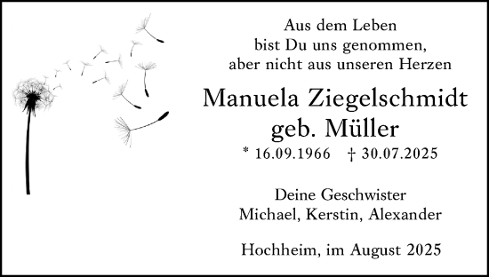 Traueranzeige von Manuela Ziegelschmidt von Wiesbadener Kurier