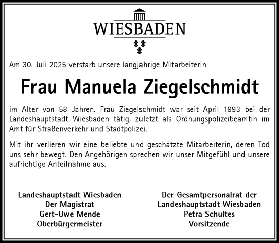 Traueranzeige von Manuela Ziegelschmidt von Wiesbadener Kurier