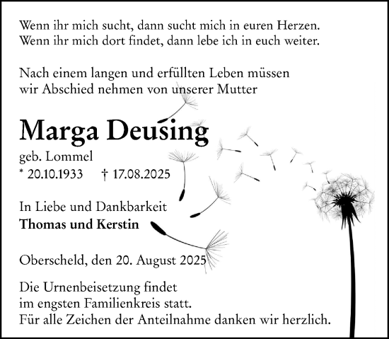Traueranzeige von Marga Deusing von Dill Block