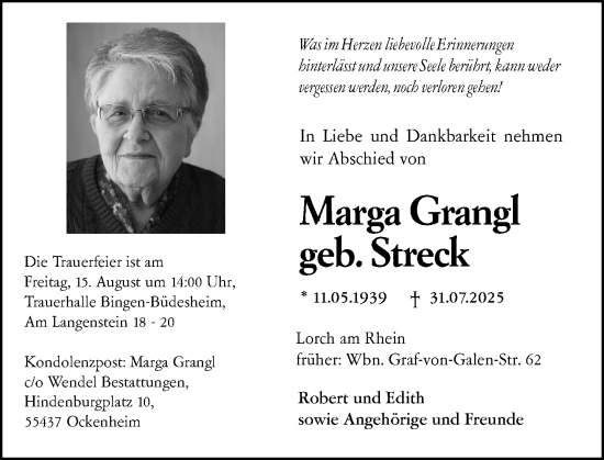 Traueranzeige von Marga Grangl von Wiesbadener Kurier