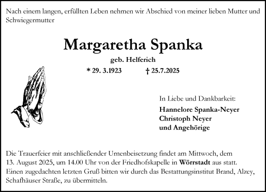 Traueranzeige von Margaretha Spanka von Allgemeine Zeitung Alzey