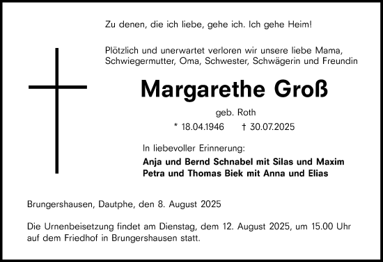Traueranzeige von Margarethe Groß von Hinterländer Anzeiger