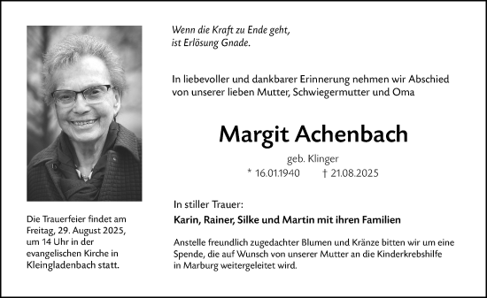 Traueranzeige von Margit Achenbach von Hinterländer Anzeiger