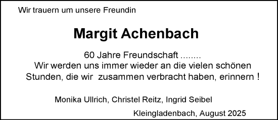 Traueranzeige von Margit Achenbach von Hinterländer Anzeiger