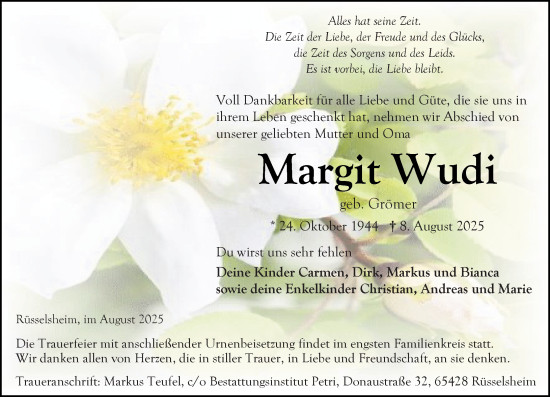 Traueranzeige von Margit Wudi von Rüsselsheimer Echo