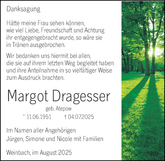 Traueranzeige von Margot Dragesser von Weilburger Tageblatt