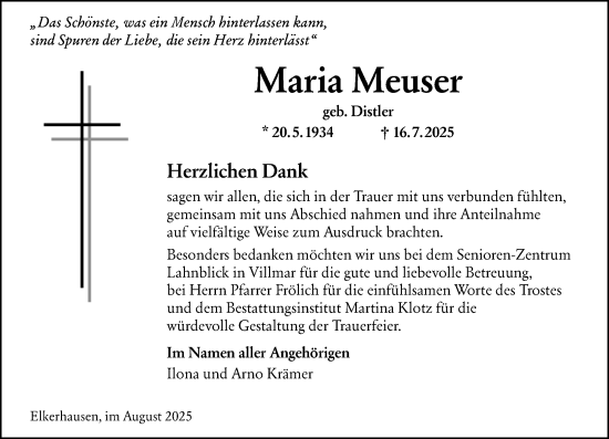Traueranzeige von Maria Meuser von Weilburger Tageblatt