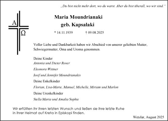 Traueranzeige von Maria Moundrianaki von Wetzlarer Neue Zeitung