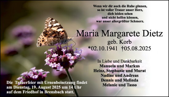 Traueranzeige von Maria Margarete Dietz von Odenwälder Echo