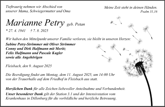 Traueranzeige von Marianne Petry von Dill Block