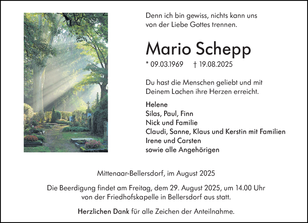 Traueranzeige für Mario Schepp vom 26.08.2025 aus Dill Block