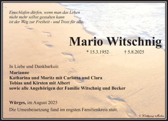 Traueranzeige von Mario Witschnig von Camberger Anzeiger