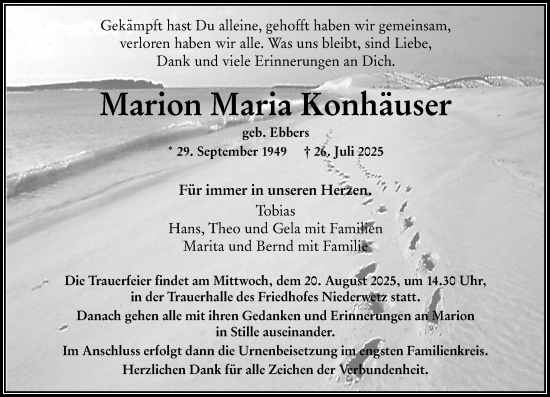 Traueranzeige von Marion Maria Konhäuser von Wetzlarer Neue Zeitung
