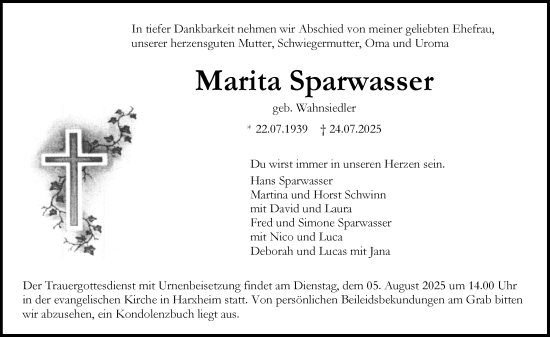 Traueranzeige von Marita Sparwasser von Allgemeine Zeitung Mainz