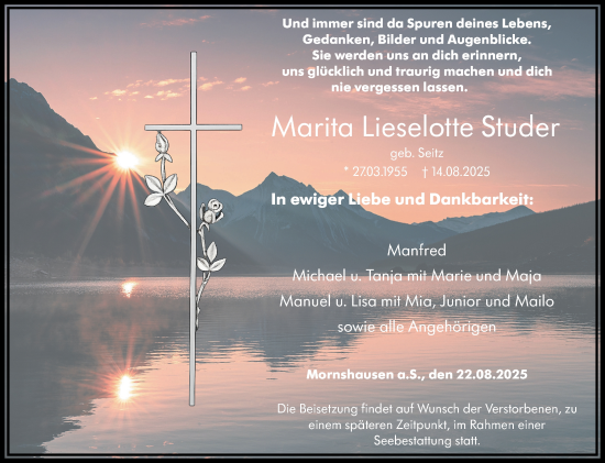 Traueranzeige von Marita Lieselotte Studer von Hinterländer Anzeiger