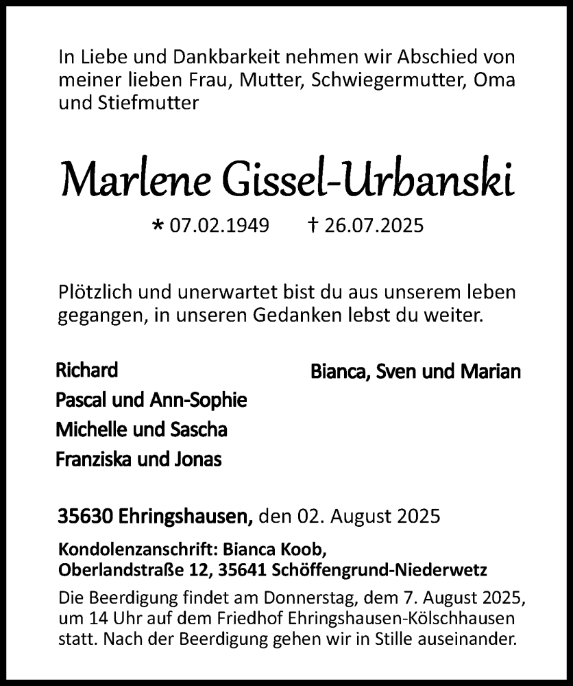  Traueranzeige für Marlene Gissel-Urbanski vom 02.08.2025 aus Dill Block