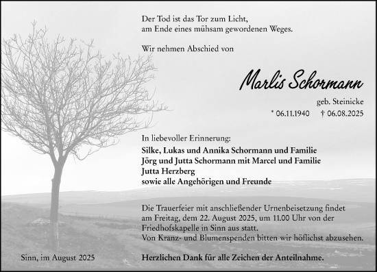Traueranzeige von Marlis Schormann von Dill Block