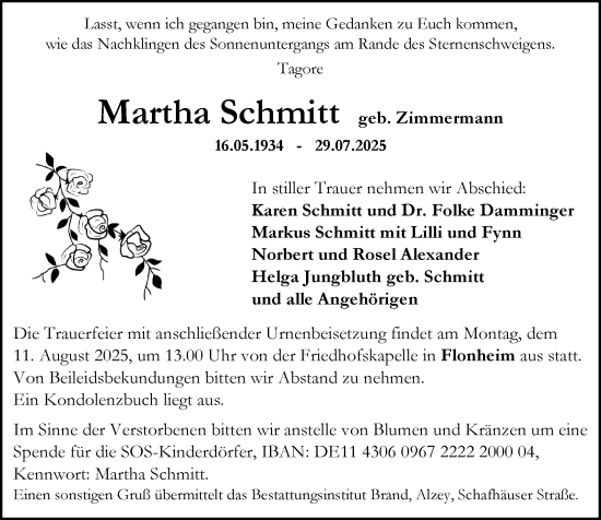 Traueranzeige von Martha Schmitt von Allgemeine Zeitung Alzey