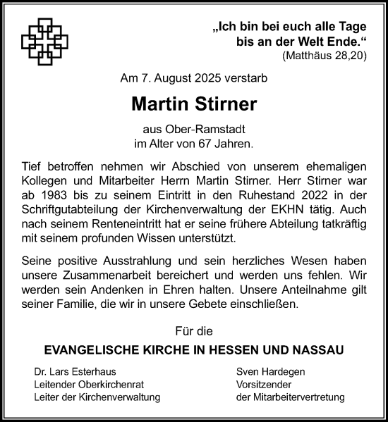 Traueranzeige von Martin Stirner von Darmstädter Echo