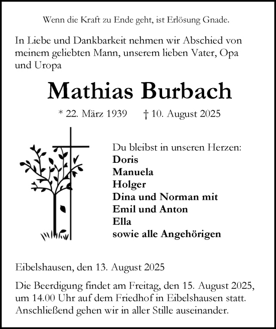 Traueranzeige von Mathias Burbach von Dill Block