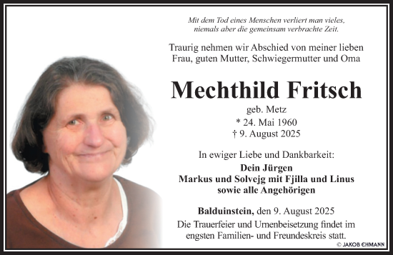 Traueranzeige von Mechthild Fritsch von Nassauische Neue Presse