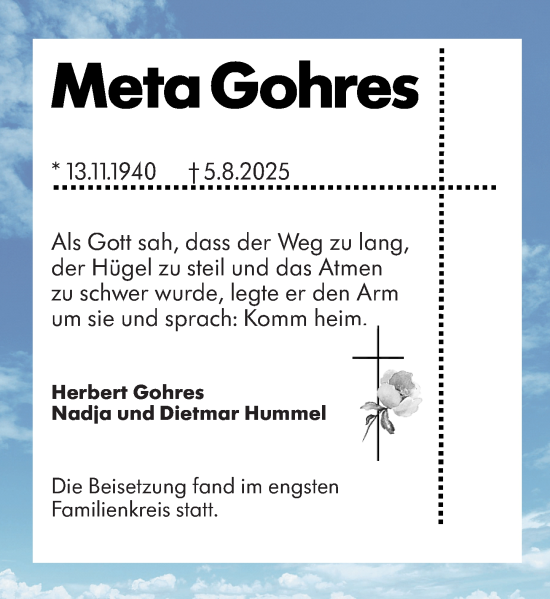 Traueranzeige von Meta Gohres von Hochheimer Zeitung
