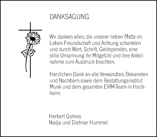 Traueranzeige von Meta Gohres von Hochheimer Zeitung