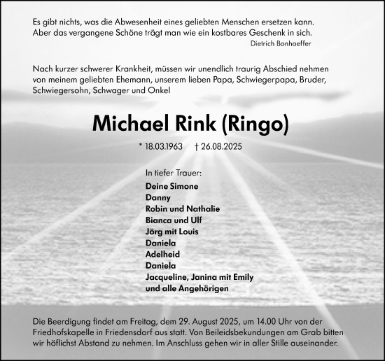 Traueranzeige von Michael Rink von Hinterländer Anzeiger