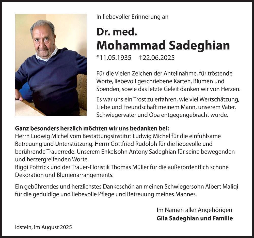  Traueranzeige für Mohammad Sadeghian vom 16.08.2025 aus Wiesbadener Kurier