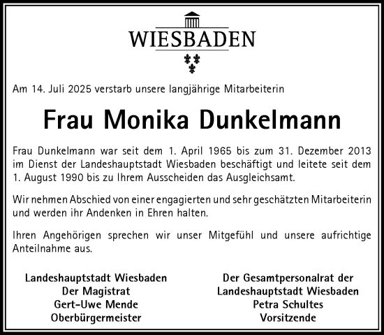 Traueranzeige von Monika Dunkelmann von Wiesbadener Kurier