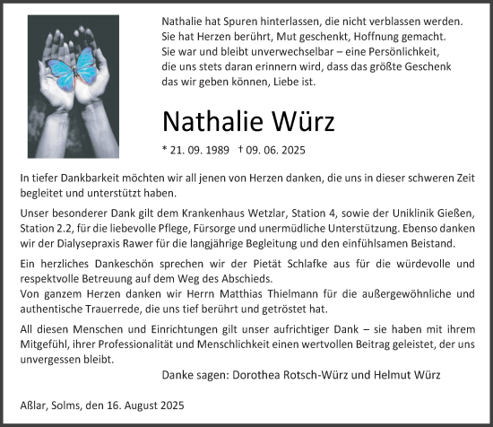 Traueranzeige von Nathalie Würz von Wetzlarer Neue Zeitung
