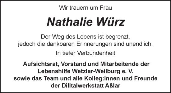 Traueranzeige von Nathalie Würz von Weilburger Tageblatt