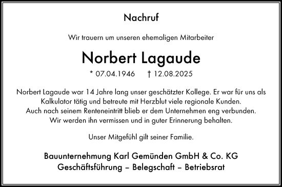 Traueranzeige von Norbert Lagaude von Allgemeine Zeitung Rheinhessen-Nahe