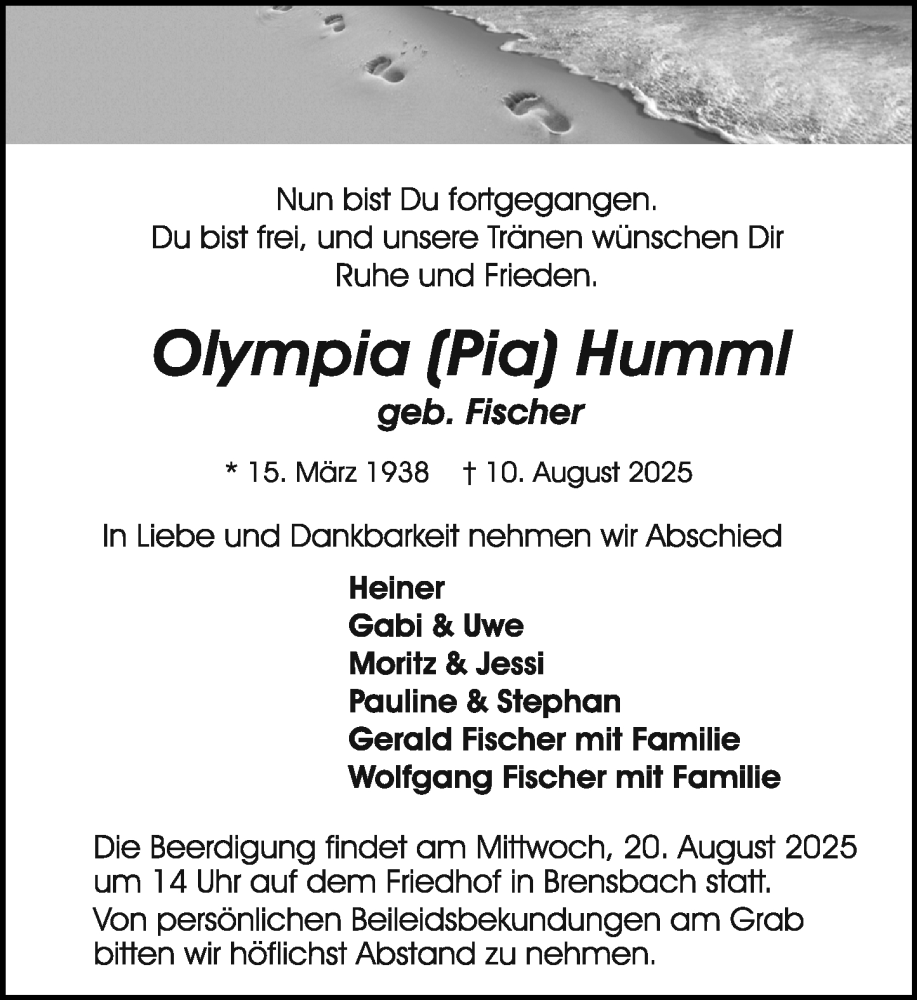  Traueranzeige für Olympia Humml vom 16.08.2025 aus Odenwälder Echo
