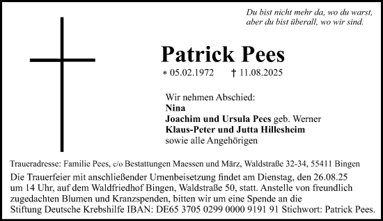 Traueranzeige von Patrick Pees von Binger-/Ingelheimer Wochenblatt