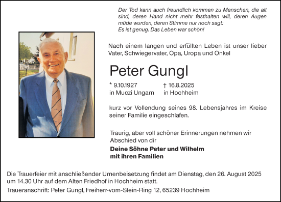 Traueranzeige von Peter Gungl von Hochheimer Zeitung
