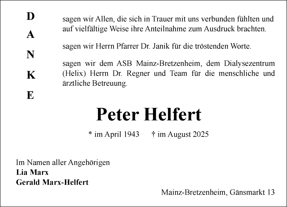  Traueranzeige für Peter Helfert vom 23.08.2025 aus Allgemeine Zeitung Mainz