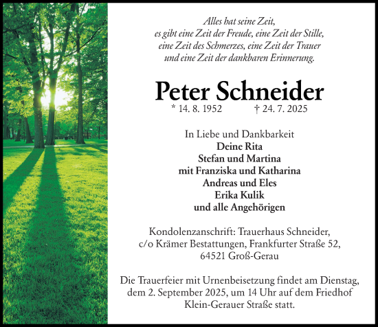 Traueranzeige von Peter Schneider von Groß-Gerauer Echo