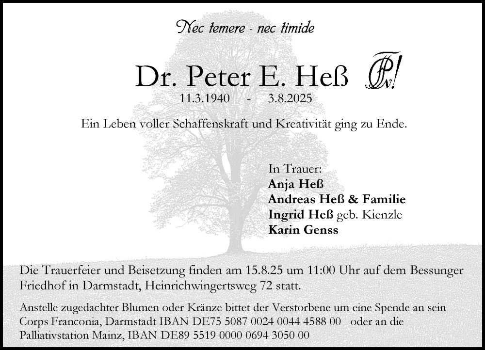  Traueranzeige für Peter E. Heß vom 09.08.2025 aus Darmstädter Echo