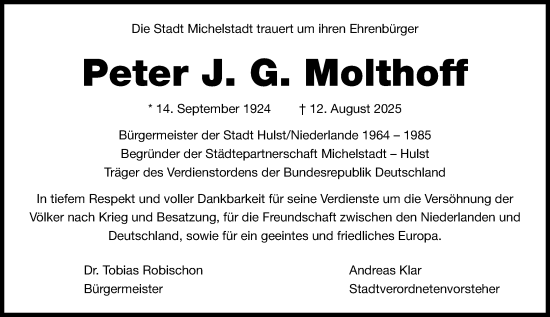 Traueranzeige von Peter J. G. Molthoff von Odenwälder Echo