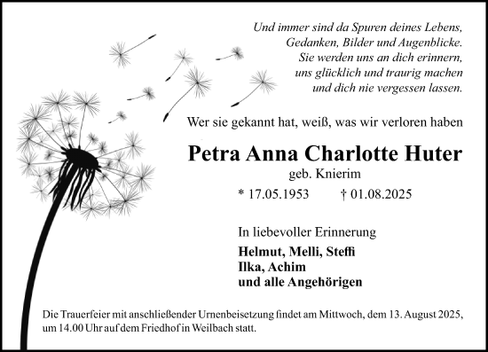 Traueranzeige von Petra Anna Charlotte Huter von Rüsselsheimer Echo